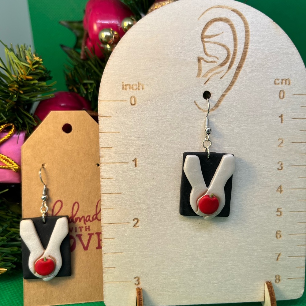 Polymer clay, Book Earrings with red apple accent. - Picture 2 of 3